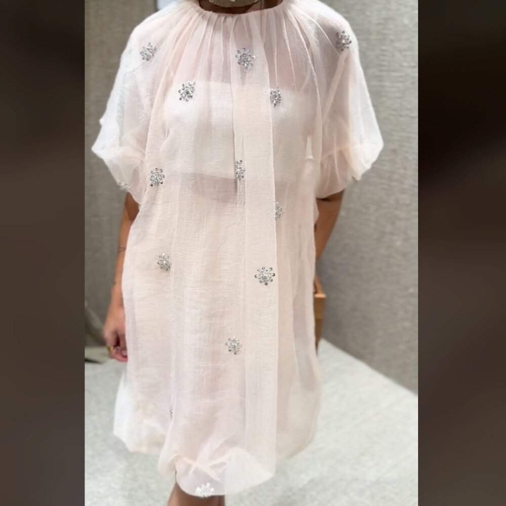 Zara Women $159 ORGANZA JEWEL DRESS Light PINK 5344/903 L NWT